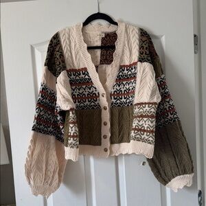 POL Cropped Patchwork Cable Cardigan - Cream & Olive with Rust Accents